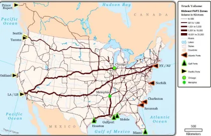 Figure 6.  Result of Scenario 11: Truck Assignment (2019), Midwest Freight Analysis Framework 3 [FAF3] Zones with Proportion of State Freight Volume by Population Proportion in each State