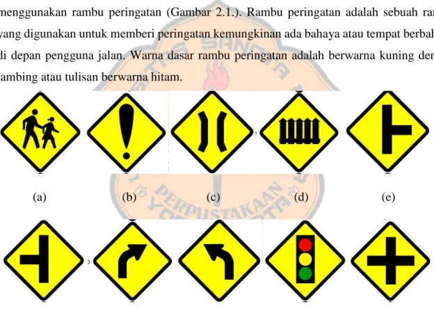 Gambar 2.1. Contoh Rambu Peringatan Sesuai Undang-Undang. (a) Banyak Lalu  Lintas Pejalan Kaki Anak-anak ; (b) Peringatan (ditegaskan penjelasan jenis peringatan  dengan menggunakan papan tambahan, contoh : hati-hati) ; (c) Jembatan, Penyempitan 
