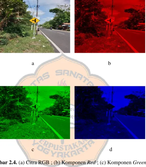 Gambar 2.4. (a) Citra RGB ; (b) Komponen Red ; (c) Komponen Green ; (d)  Komponen Blue    