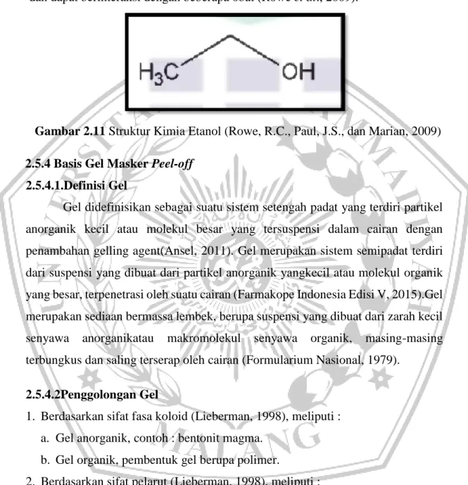 Gambar 2.11 Struktur Kimia Etanol (Rowe, R.C., Paul, J.S., dan Marian, 2009)  2.5.4 Basis Gel Masker Peel-off 