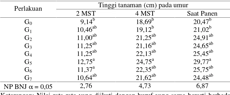 Tabel 1. Rata-rata tinggi tanaman umur 2, 4 MST dan saat panen