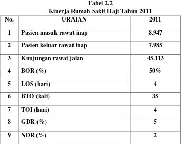Tabel 2.1 Kinerja Rumah Sakit Haji Tahun 2010 