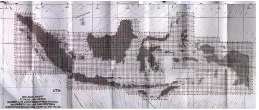 Gambar-1.  Peta deklinasi magnetik BMG yang diinterpolasi oleh Dittop TNI-AD 