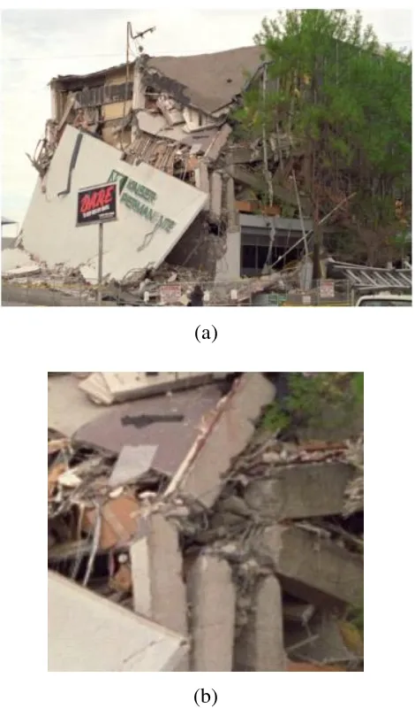 Gambar 1. 1 (a) Keruntuhan struktur akibat kegagalan hubungan balok kolom,  Bangunan Kaiser Permanente, Gempa Nortridge, 1994