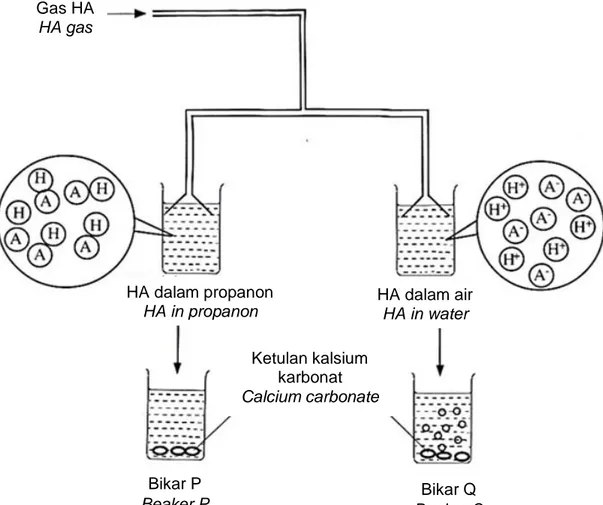 Diagram 9.1 shows HA gas is flowed into two beakers containing propanone and water  respectively to study the properties of acid