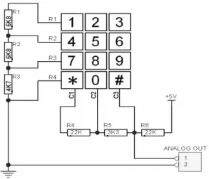 Gambar 3.9 Rangkaian Keypad  Tabel tegangan ouput analognya adalah sebagai berikut: 