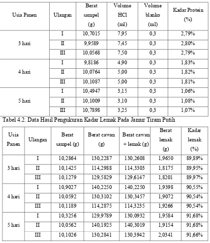 Tabel 4.2. Data Hasil Pengukuran Kadar Lemak Pada Jamur Tiram Putih  