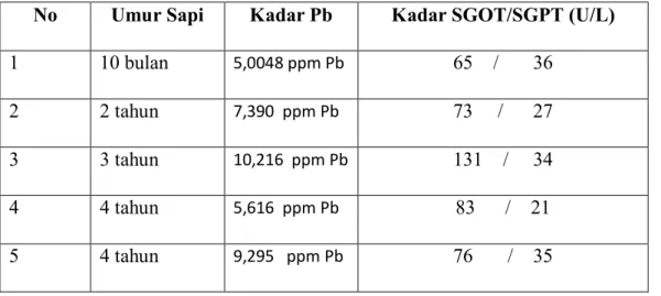 Tabel 4.1. Hasil Pemeriksaan SGOT/SGPT dan Logam Berat Pb dalam Darah Sapi TPA  No  Umur Sapi  Kadar Pb   Kadar SGOT/SGPT (U/L) 