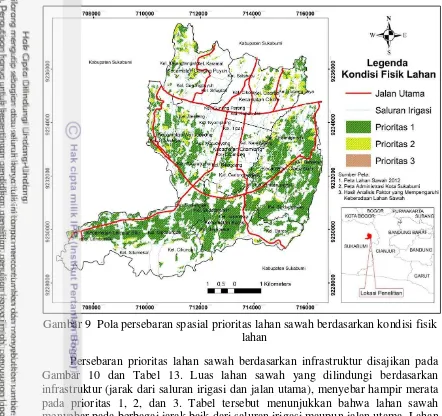 Gambar 9  Pola persebaran spasial prioritas lahan sawah berdasarkan kondisi fisik 