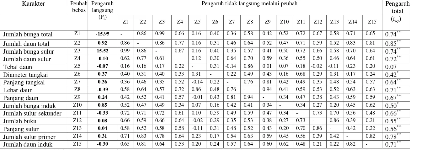 Tabel 13    Pengaruh langsung dan pengaruh tidak langsung komponen pertumbuhan terhadap produksi terna kering tanaman pegagan pada aplikasi pupuk N                                             