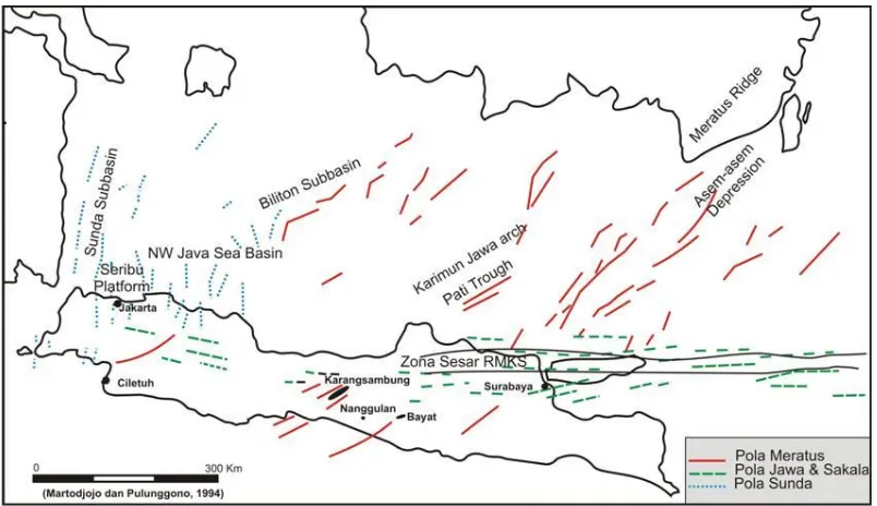 Gambar 3. Pola struktur Pulau Jawa Akibat Evolusi Tektonik yang berkembang di Pulau Jawa (Martodjojo & Pulunggono, 1994 dalam dalam Ediar Usman, 2012)  