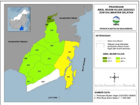 Gambar 5. Perbandingan Awal Musim Hujan 2020/2021 Terhadap Normalnya  ZOM Kalimantan Selatan 