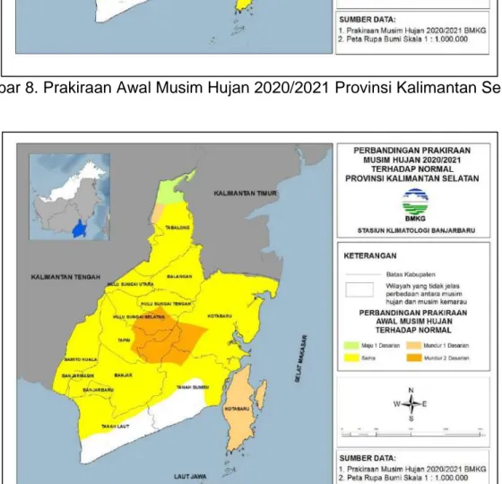 Gambar 9. Perbandingan Prakiraan Awal Musim Hujan 2020/2021  terhadap Normal Provinsi Kalimantan Selatan 