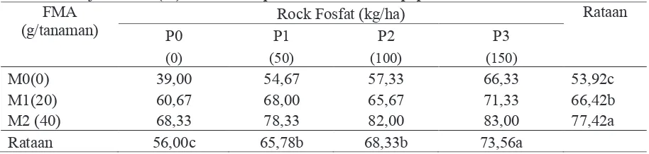 Tabel 1. Derajat infeksi (%) akar karena pemberian FMA dan pupuk rock fosfat FMA 