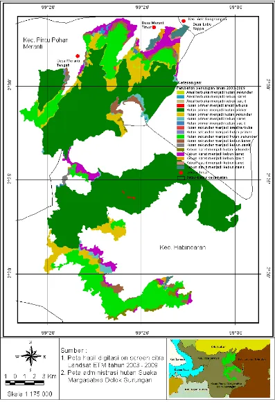 Gambar 4.  Peta perubahan penutupan hutan Suaka Margasatwa Dolok Surungan selama periode 6 tahun (Tahun 2003-2009) 