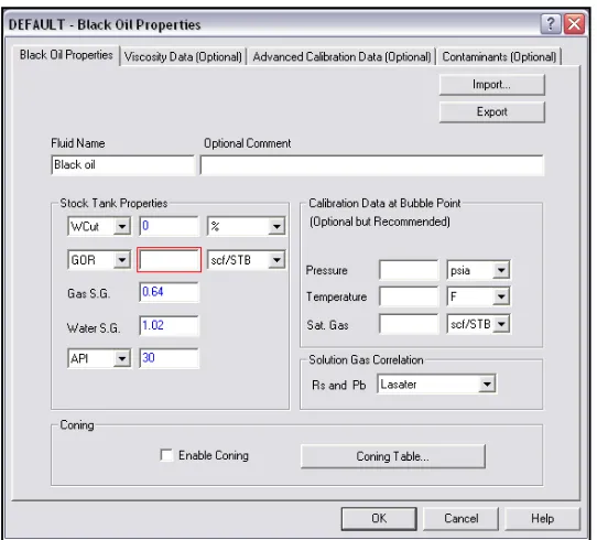 Gambar 5   Input Untuk Sifat Fisik pada Black Oil 