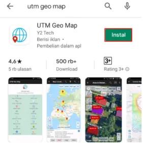 Gambar 3.1 Cara Mengunduh UTM Geo Map di Google Play Store  b.  Pastikan  layanan  lokasi  GPS  (Global  Position  Systems)  pada 