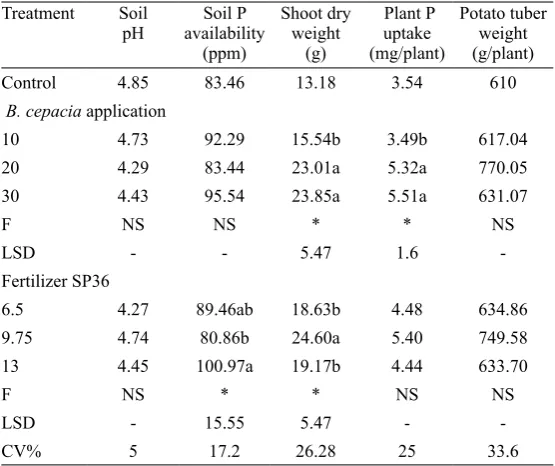Table 1. The mean of pH, available P, shoot dry weight, plant P uptake and tuber yield 