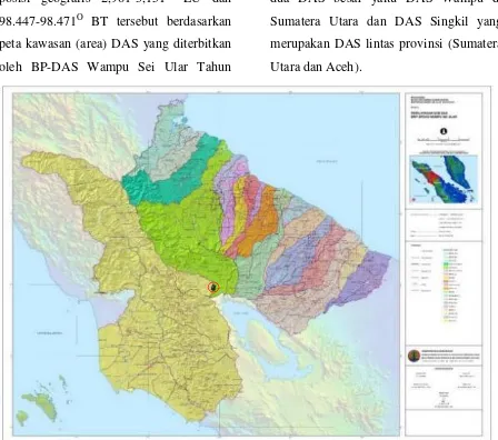 Gambar 1. Peta Posisi Kawasan Relokasi Pengungsi Sinabung di Perbatasan Bagian Hulu  DAS Wampu dan DAS Singkil 