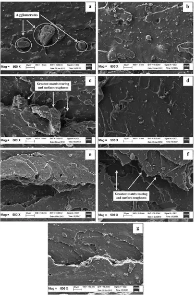 Fig. 12. SEM micrographs of the failed fracture of silica- lled vulcanisate at a magni cation of 500x: (a) Control, (b) ALK3, (c) ALK5, (d) ALK7, (e) APTES3, (f)ﬁﬁAPTES5, and (g) APTES7.