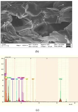 Figure 1. (a) XRD pattern of natural zeolite (b) SEM photograph of polyurethane nanocomposite                      (c) EDX  polyurethane nanocomposite characterization 