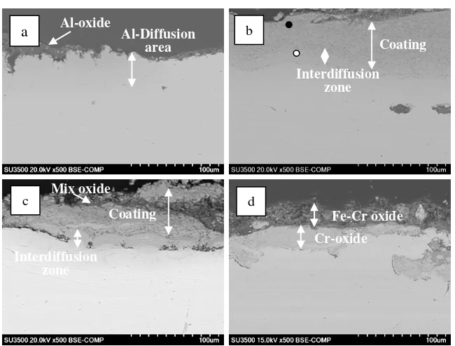 Figure 5. Cross-sectional BSE images and corresponding EDX elemental maps of (a) Al100 and (b) Cr100 coatings after heat treatment at 800oC for 2 h