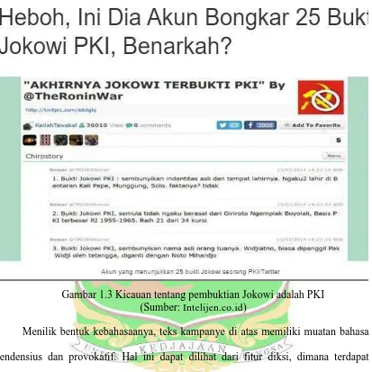 Gambar 1.3 Kicauan tentang pembuktian Jokowi adalah PKI      (Sumber: Intelijen.co.id) 
