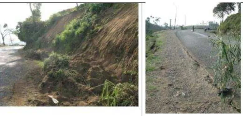 Gambar 1.2  Keretakan tanah dan potensi longsor di kawasan bahu dan lereng jalan dari Bandung menuju 