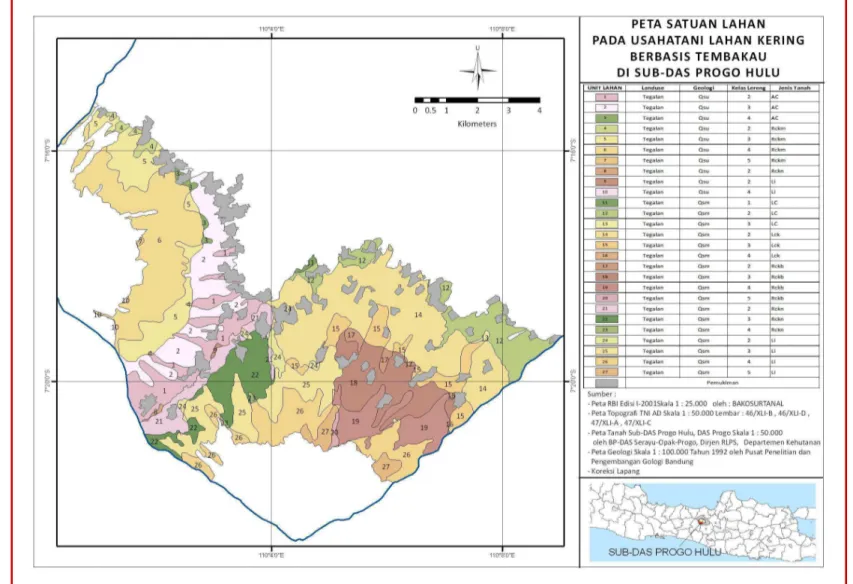 Gambar 18.  Peta satuan lahan pada usahatani lahan kering berbasis tembakau di Sub-DAS Progo Hulu