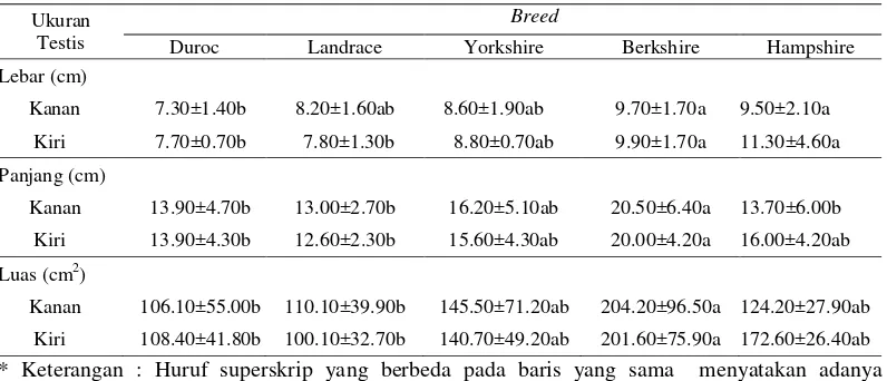 Tabel 1  Rata-rata ukuran testis pada berbagai breed babi 