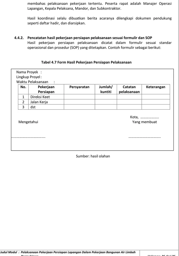 Tabel 4.7 Form Hasil Pekerjaan Persiapan Pelaksanaan 
