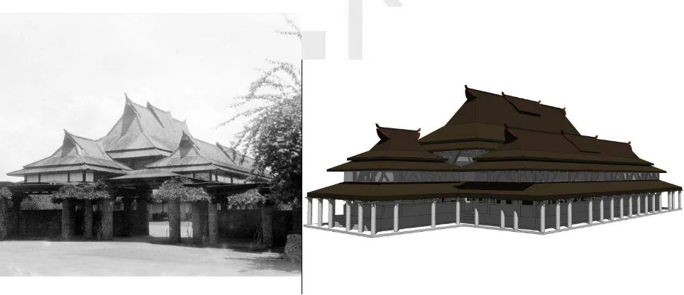 Gambar 1.Gedung Aula Barat ITB asli (kiri) dan yang sudahdigambarkanulangsecara 3dimensi (kanan) bersebelahan.