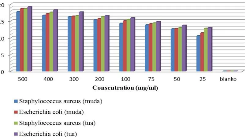 Figure 1: Comparison of test results of antibacterial activity of immature and mature ethanolic extract Nipa leaves  