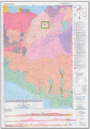 Gambar 2. Peta Geologi lembar Garut dan Pameumpuek (Kotak hijau adalah lokasi penelitian) (Alzwar, dkk., 1992) 
