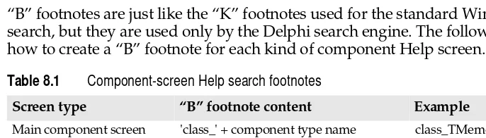 Table 8.1Component-screen Help search footnotes