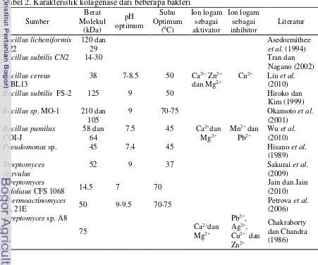 Tabel 2. Karakteristik kolagenase dari beberapa bakteri 