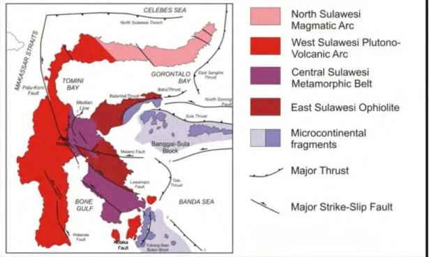 Gambar II.3 Tektono-stratigrafi Sulawesi (dimodifikasi dari Calvert dan Hall, 2003)