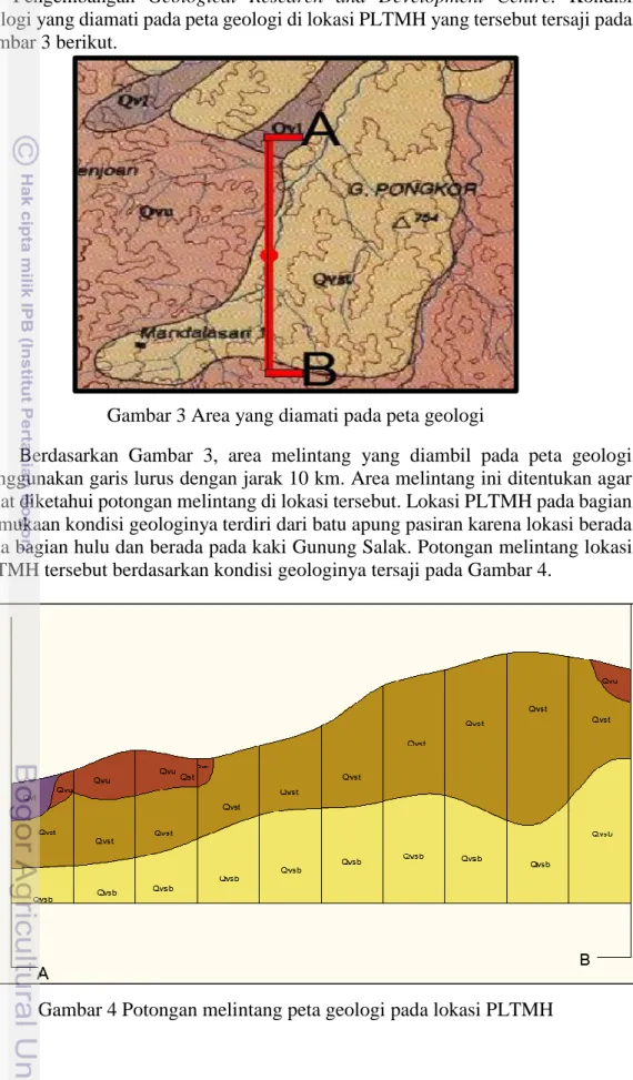 Gambar 4 Potongan melintang peta geologi pada lokasi PLTMH Gambar 3 Area yang diamati pada peta geologi 