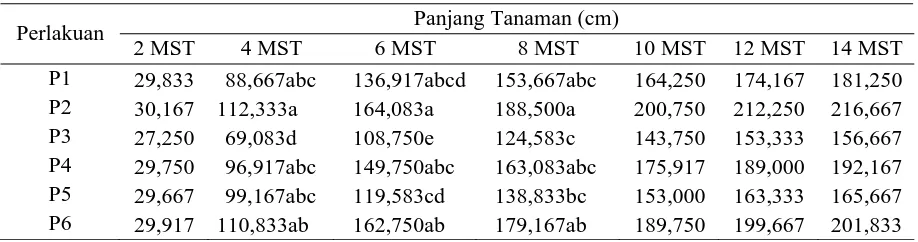 Tabel 1. Rataan panjang tanaman ubi jalar (cm) umur 2, 4, 6, 8, 10, 12, dan          14 MST pada pemberian berbagai dosis pupuk organik dan anorganik  