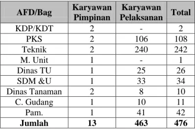 Tabel 2.1. Jumlah Tenaga Kerja di Pabrik PTPN IV Kebun Pabatu  AFD/Bag  Karyawan  Pimpinan  Karyawan  Pelaksanan  Total  KDP/KDT  2  -  2  PKS  2  106  108  Teknik  2  240  242  M