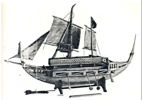 Gambar 2.2.1: Maket sebuah perahu tipe kora-kora dari Horridge 1978:17.  Perhatikanlah kesamaan 