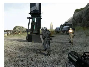 Figure 1.2  An FPS-style game. The character’s 3D model is fully present but only partiallyvisible to the player through his character’s eyes