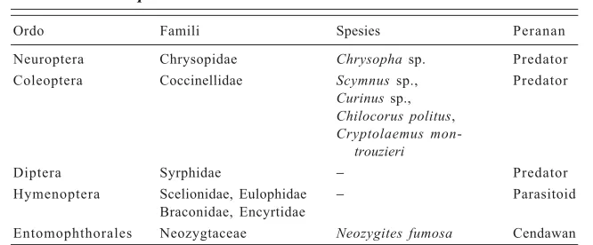 Tabel 1.Musuh alami Paracoccus marginatus berdasarkan hasil survei di