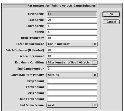 Figure 8.2The Parameters dialog box for thefalling objects gamehas quite a few customizableparameters.