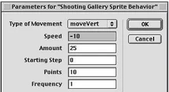 Figure 9.4The Parameters dialog box for thesprite behavior isshown here.