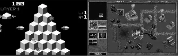 Figure 7.7Q*Bertof a true isometric view (left);  (Intellivision port of the orginal game by Davis and Lee 1982) as example Warcraft: Orcs and Humans as example of direct top-down view with false isometric effect (right)