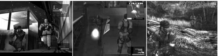 Figure 7.4Metal Gear SolidGear Solid 3: Snake Eater (left); Metal Gear Solid 2: Sons of Liberty (center); Metal (right)—the hero hides in the foreground