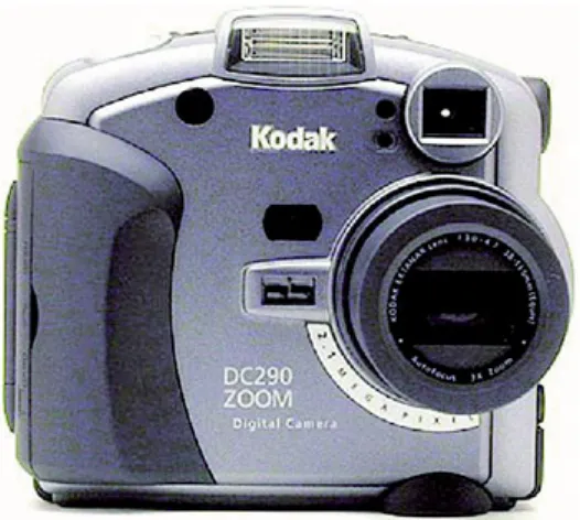 Figure 4-4:  The Kodak DC290 Digital Camera, front view. Notice the rubber grip at left and the rubber nubbin in the lower right