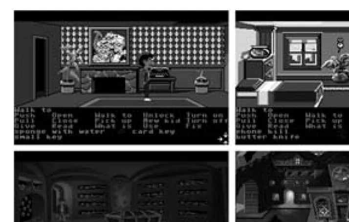 Figure 15.2An advancement in interactivity. Examples of Lucasﬁlm Games using the SCUMMengine, Maniac Mansion (1987) (top left), Zak McKracken and the Alien Mindbenders (1988)(top right), Indiana Jones and the Last Crusade (1989) (bottom left), and The Secret of MonkeyIsland (1990) (bottom right).