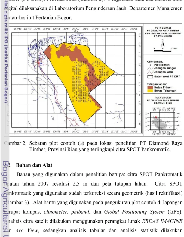 Gambar 2. Sebaran  plot  contoh  ( [ )  pada  lokasi  penelitian  PT  Diamond  Raya  Timber, Provinsi Riau yang terlingkupi citra SPOT Pankromatik.